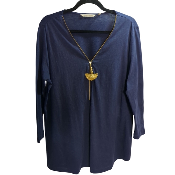 Soft Surroundings Navy Boho 100% Cotton Tassel Zip Top Sz Large - Picture 1 of 5